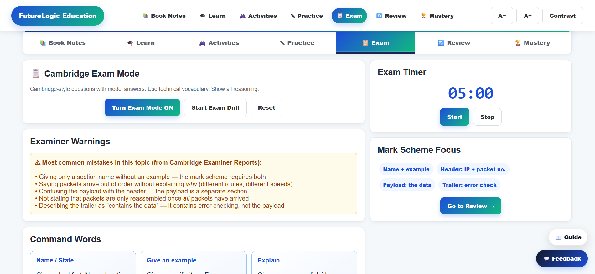 Cambridge exam mode screen
