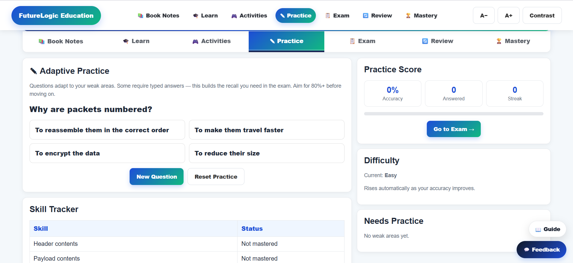 Adaptive practice screen